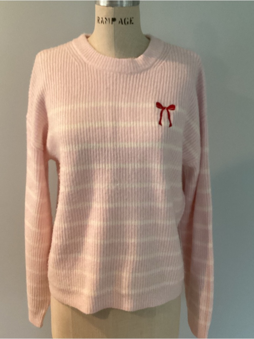 a new day Pink and  Cream Striped Sweater with Red Bow Size Medium